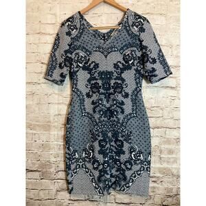 Yoana Baraschi Dress Womens 6 Navy Blue All Over Floral Sheath Half Sleeve Zip